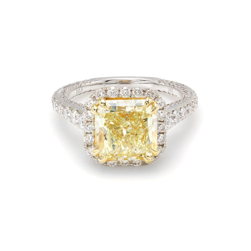 GIA Fancy Yellow 3.88ct Radiant Diamond in Halo Setting